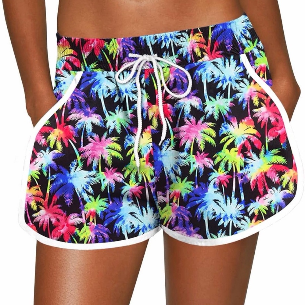 Neon Palm Print Women’s Drawstring Swim Shorts
